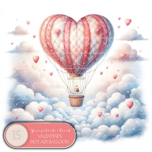 Valentijnsdag heteluchtballon clipartset - 15-delige magische liefdesontwerpen voor kinderkamer en sublimatie - niet-transparant - commercieel gebruik