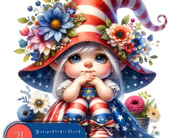 Patriotic Gnome Clipart Bundle - Whimsical  4th July Designs - 21 pcs Clipart PNG Bundle American Sublimation - Commercial Use