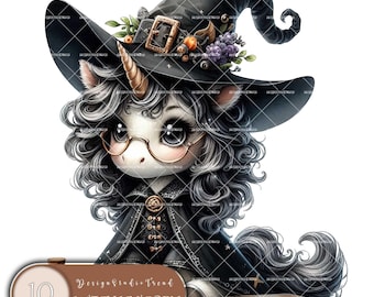 May include: A black and white unicorn with a black witch hat, wearing glasses and a black cape, holding a book. The unicorn has a long, flowing mane and tail. The hat is decorated with flowers and berries. The book is closed and has a gold clasp. The unicorn is sitting on a white background. Design Studio Trend Witch Unicorn.