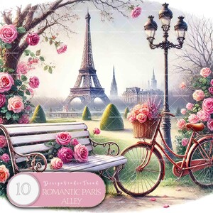 Colección de imágenes prediseñadas de románticos callejones primaverales de París: un viaje mágico con 10 diseños de flores primaverales para creaciones por sublimación: uso comercial
