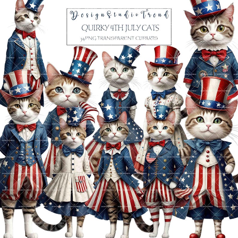 May include: A set of 10 digital clipart images featuring cats dressed in patriotic red, white, and blue outfits for the 4th of July. The cats are wearing hats, bow ties, and other accessories.  The images are in PNG format and have transparent backgrounds.