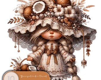 Floral Coconut Girl Gnomes: Tropical Garden Decor, Crafting (10pcs)