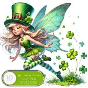 Puede incluir: Un hada verde con alas, que lleva un sombrero de duende verde y medias rayadas verdes y blancas, vuela sobre un campo de tréboles verdes. El texto "10 Design Studio Trend ST PATRICK FLYING FAIRY" está en la esquina inferior izquierda de la imagen.