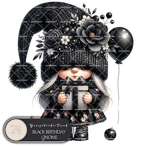 Conjunto de gnomos de aniversário caprichosos em preto e branco - 24 JPEGs de alta qualidade de 300 DPI - Arte para impressão - Download digital para diários de artesanato