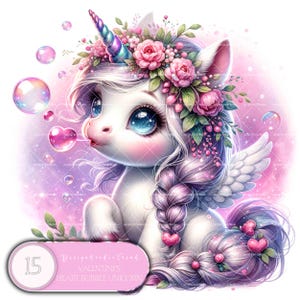Set di clipart di unicorni a bolle per San Valentino – 15 incantevoli illustrazioni di unicorni per bambini in colori pastello per creazioni ispirate all’amore – Non trasparente