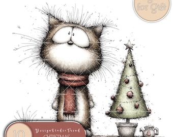 May include: A whimsical illustration of a cat wearing a red scarf, standing next to a small Christmas tree decorated with red ornaments. The image includes the text "Christmas Quirky Cat" and "10" in a brown banner.