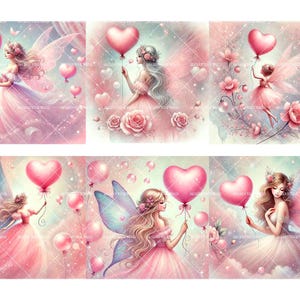 K&ouml;nnte beinhalten: Eine digitale Illustration von acht Feen mit rosa Fl&uuml;geln und Kleidern, die herzf&ouml;rmige Ballons halten. Die Feen sind umgeben von rosa und wei&szlig;en Wolken, Blumen und Schmetterlingen.