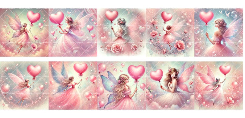 K&ouml;nnte beinhalten: Eine digitale Illustration von acht Feen mit rosa Fl&uuml;geln und Kleidern, die herzf&ouml;rmige Ballons halten. Die Feen sind umgeben von rosa und wei&szlig;en Wolken, Blumen und Schmetterlingen.