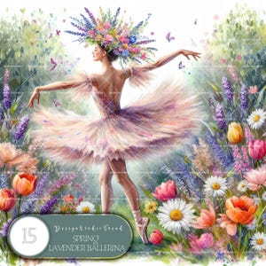Clipart de bailarina de baile de lavanda primaveral: 15 diseños PNG de acuarela extravagantes para manualidades: alta calidad y uso comercial, no transparente
