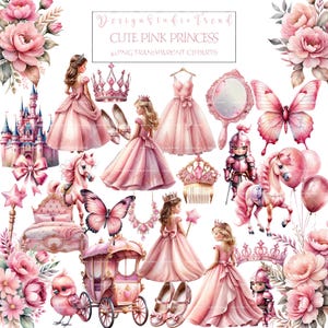 Pink Princess Clipart Collection - Watercolor Princess and Castle PNG, Fairytale Clipart Set for Crafts and Design - Commercial Use