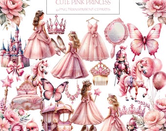 Watercolor Pink Princess Clipart: Fairytale Castle PNG Set (Commercial Use)
