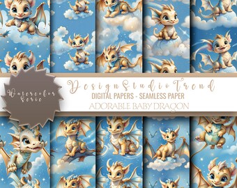Dreamy Baby Dragon Graphics - 10pcs Seamless Patterns - Commercial Use - Instant Download