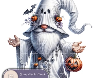 May include: A white ghost gnome with a long white beard and a white ghost hat. The gnome is holding a jack-o-lantern in one hand and has a few small pumpkins and flowers on its hat. The gnome is standing on a white background. Design Studio Trend HALLOWEEN GNOMES 18