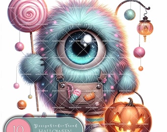 May include: A fuzzy blue monster with one large eye wearing brown overalls, holding a pink swirl lollipop and a glowing jack-o'-lantern. The monster features colorful fur, striped socks, and a hanging lantern. Text reads 10 HALLOWEEN CANDY MONSTER.
