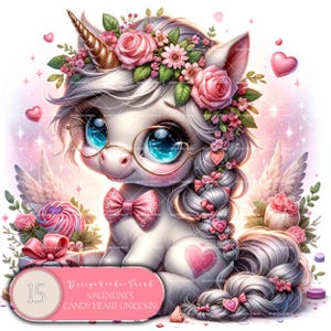 Set di clipart di cuoricini di caramelle unicorno di San Valentino stravaganti - 15 incantevoli unicorni in un magico paese delle meraviglie invernale - Non trasparente