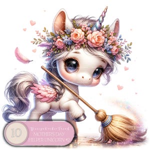 Ajudante de Dia das Mães Bebê Unicórnio - 10 Encantadores Desenhos de Fantasia de Vassoura para Criações de Primavera por Sublimação - Uso Comercial - Não Transparente
