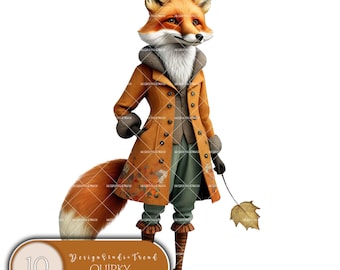 Autumn Fashion Fox Clipart: 10 Whimsical PNG Elements (Commercial Use)