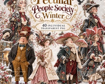 May include: A digital illustration titled Peculiar People Society Winter featuring five characters in ornate winter attire. The group includes figures in coats, hats, and dresses with botanical and mushroom motifs, set against a snowy background.