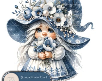 Delfter Blau Mädchen-Gnom-Cliparts: 24 Fantasy-Designs (Kommerzielle Nutzung)
