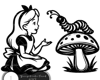 May include: Black and white illustration of Alice from Alice in Wonderland, a caterpillar, and a mushroom. The text "Alice in Wonderland" is below the image.