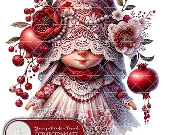 Granatapfel Mädchen Clipart: Granatapfel Frühling Gartenzwerge (digitaler Download)
