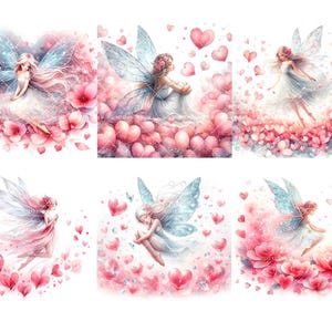 Peut inclure: Neuf illustrations num&eacute;riques de f&eacute;es aux ailes bleues et aux robes blanches entour&eacute;es de c&oelig;urs roses et de fleurs.