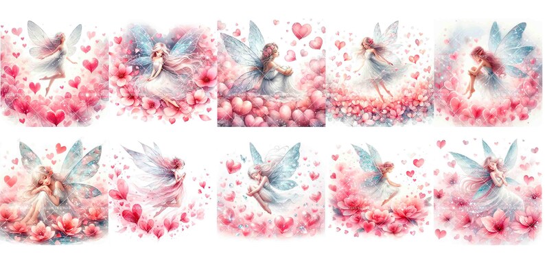 Peut inclure: Neuf illustrations num&eacute;riques de f&eacute;es aux ailes bleues et aux robes blanches entour&eacute;es de c&oelig;urs roses et de fleurs.