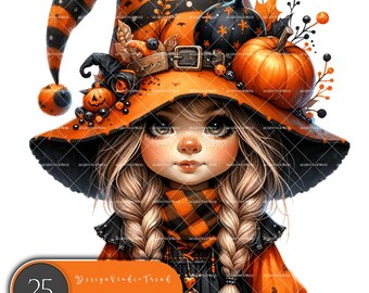 May include: A cute cartoon gnome wearing a witch's hat with orange and black stripes, a black and orange plaid scarf, and a black dress. The hat is decorated with pumpkins, leaves, and berries. The gnome has blonde braids and big blue eyes. The text "Design Studio Trend HALLOWEEN GNOME" is at the bottom of the image.