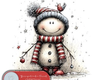 May include: A whimsical illustration of a snowman with a striped hat and scarf, adorned with a small bird. The snowman has twig arms and wears red boots. The image includes the text "Christmas Quirky Snowman".
