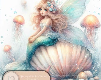 Mermaid Fairy Clipart: Seashell Fantasy Designs (PNG Digital Download)