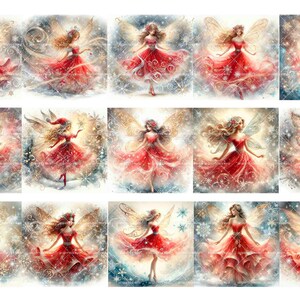 May include: Twelve digital illustrations of fairies wearing red dresses and white wings. The fairies are surrounded by a snowy, wintery background with snowflakes and sparkles.
