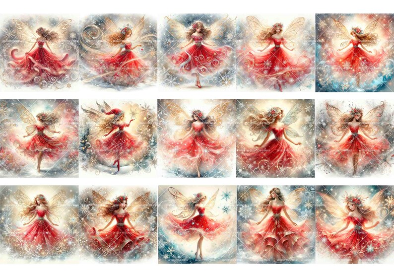May include: Twelve digital illustrations of fairies wearing red dresses and white wings. The fairies are surrounded by a snowy, wintery background with snowflakes and sparkles.