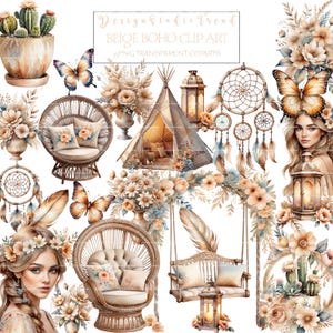 Romantic Watercolor Beige Boho Clipart - 35pcs Shabby Floral Wedding PNG for Instant Download - High Quality Transparent - Commercial Use