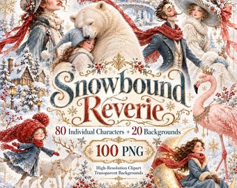 May include: A digital art collection titled Snowbound Reverie featuring 100 PNG files with 80 characters and 20 backgrounds. The imagery includes people in winter attire, a polar bear, a flamingo, a deer, and a crescent moon.
