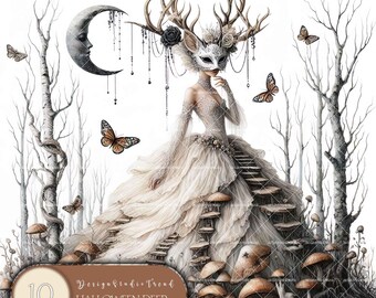 Halloween Deer Mask Garden Bride Clipart: 10 Mystical PNG Designs (Commercial Use)