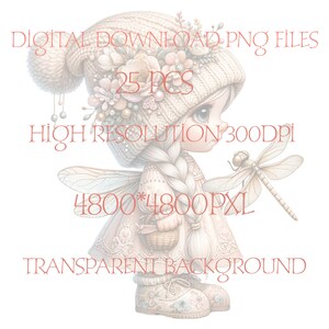 Puede incluir: Una descarga digital de 25 archivos PNG de alta resoluci&oacute;n que representan a un hada caprichosa con una lib&eacute;lula, flores y una cesta. Las im&aacute;genes son de 4800 x 4800 p&iacute;xeles y tienen un fondo transparente.