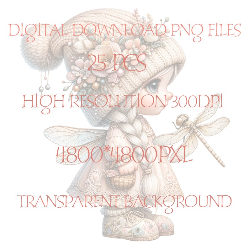 Puede incluir: Una descarga digital de 25 archivos PNG de alta resoluci&oacute;n que representan a un hada caprichosa con una lib&eacute;lula, flores y una cesta. Las im&aacute;genes son de 4800 x 4800 p&iacute;xeles y tienen un fondo transparente.