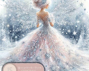 May include: A digital illustration of a fairy with silver wings and a long, flowing white dress with silver accents. The fairy is standing in a snowy forest with a blue sky and stars in the background. The text "Christmas Frosty Fairy" is at the bottom of the image.