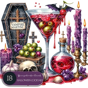 Set di clipart di cocktail spettrali - 18 illustrazioni di bevande PNG - Arte di bevande inquietanti di Halloween - Decorazione per feste al bar - Ideale per decorazioni - Uso commerciale