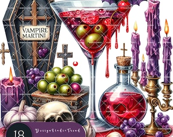 May include: A Halloween cocktail set with a martini glass filled with red liquid and green olives, a bottle of red liquid with a skull design, a coffin with the words "Vampire Martini" on it, a skull, garlic, grapes, and purple candles.