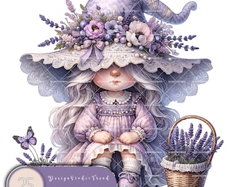 May include: A purple and white gnome wearing a wide-brimmed hat with lace trim and a lavender flower crown. The gnome is holding a basket of lavender flowers. The image includes the text "Design Studio Trend Lavender Gnome 25".