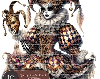 Halloween Victorian Jester Doll Clipart: Dark Fantasy Halloween PNG Designs (Commercial Use)
