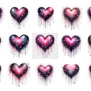 May include: A set of 12 digital illustrations of pink and black galaxy hearts with dripping paint. The hearts are all different shapes and sizes, and they are all set against a white background.