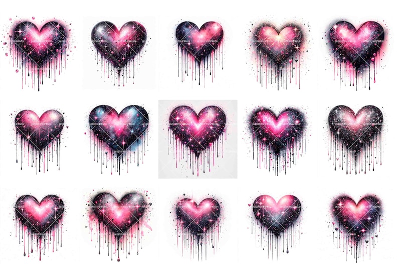 May include: A set of 12 digital illustrations of pink and black galaxy hearts with dripping paint. The hearts are all different shapes and sizes, and they are all set against a white background.