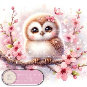 Gufo di ciliegio in fiore primaverile - 15 adorabili disegni di gufi per baby shower, decorazioni per la cameretta dei bambini - Wonderland Clipart Baby - Non trasparente - Uso commerciale