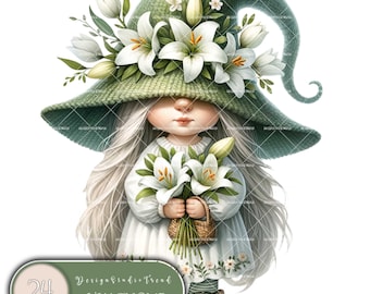 Lily Gnome Clipart Set: 24 Watercolor PNG Images (Digital Download)