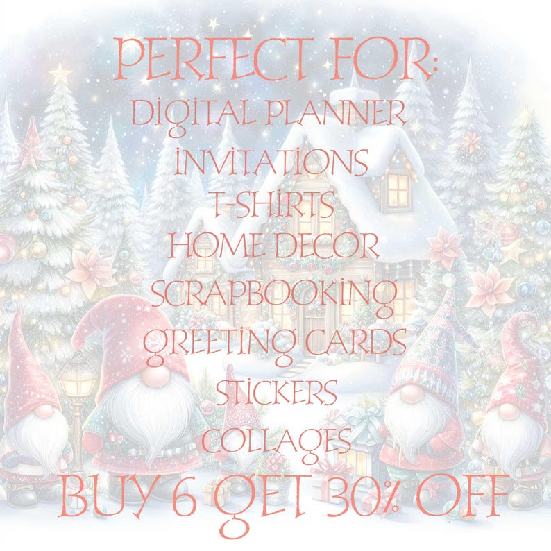 Puede incluir: Una ilustraci&oacute;n digital de gnomos en una escena de invierno nevada con una casa blanca y pinos. El texto dice "PERFECT FOR: DIGITAL PLANNER, INVITATIONS, T-SHIRTS, HOME DECOR, SCRAPBOOKING, GREETING CARDS, STICKERS, COLLAGES, BUY 6 GET 30% OFF".