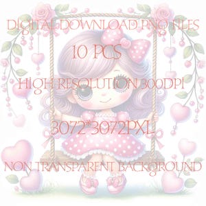 May include: A digital download of 10 pink and white heart-shaped images featuring a girl with purple hair sitting on a swing. The image is 3072 pixels by 3072 pixels and has a resolution of 300 DPI. The background is non-transparent.
