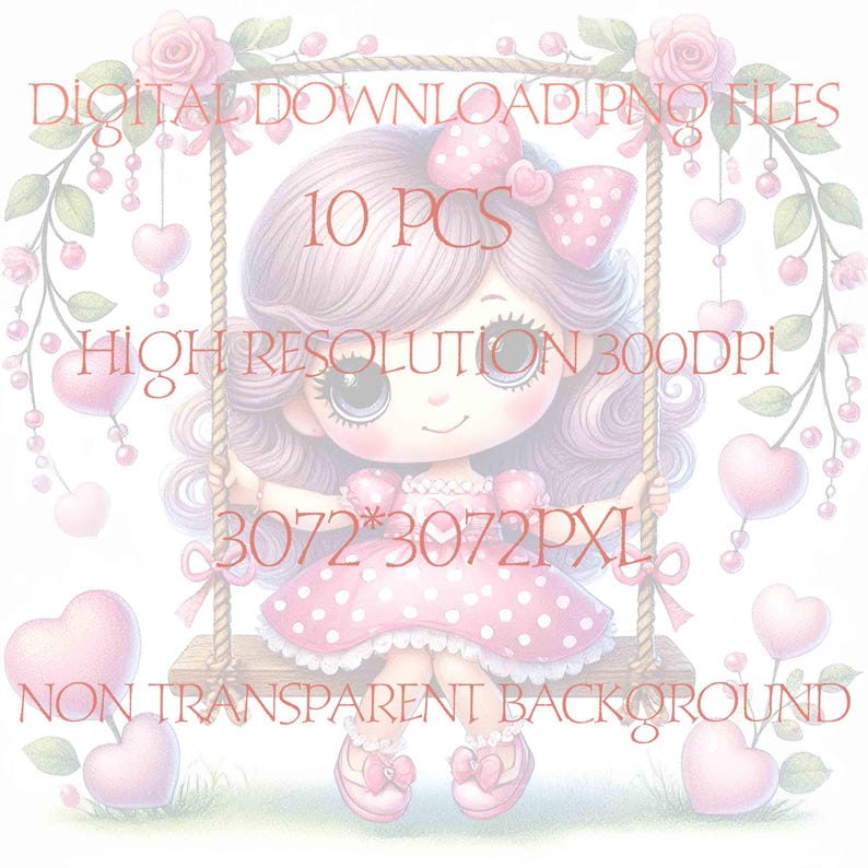 May include: A digital download of 10 pink and white heart-shaped images featuring a girl with purple hair sitting on a swing. The image is 3072 pixels by 3072 pixels and has a resolution of 300 DPI. The background is non-transparent.