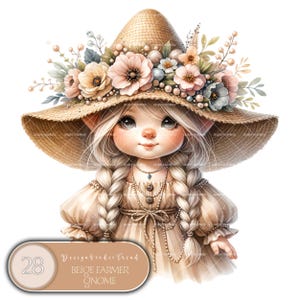 Nain de paysan beige lunatique - 28 pièces florales aquarelle Clipart PNG - Sublimation printanière - Transparent de haute qualité - usage Commercial
